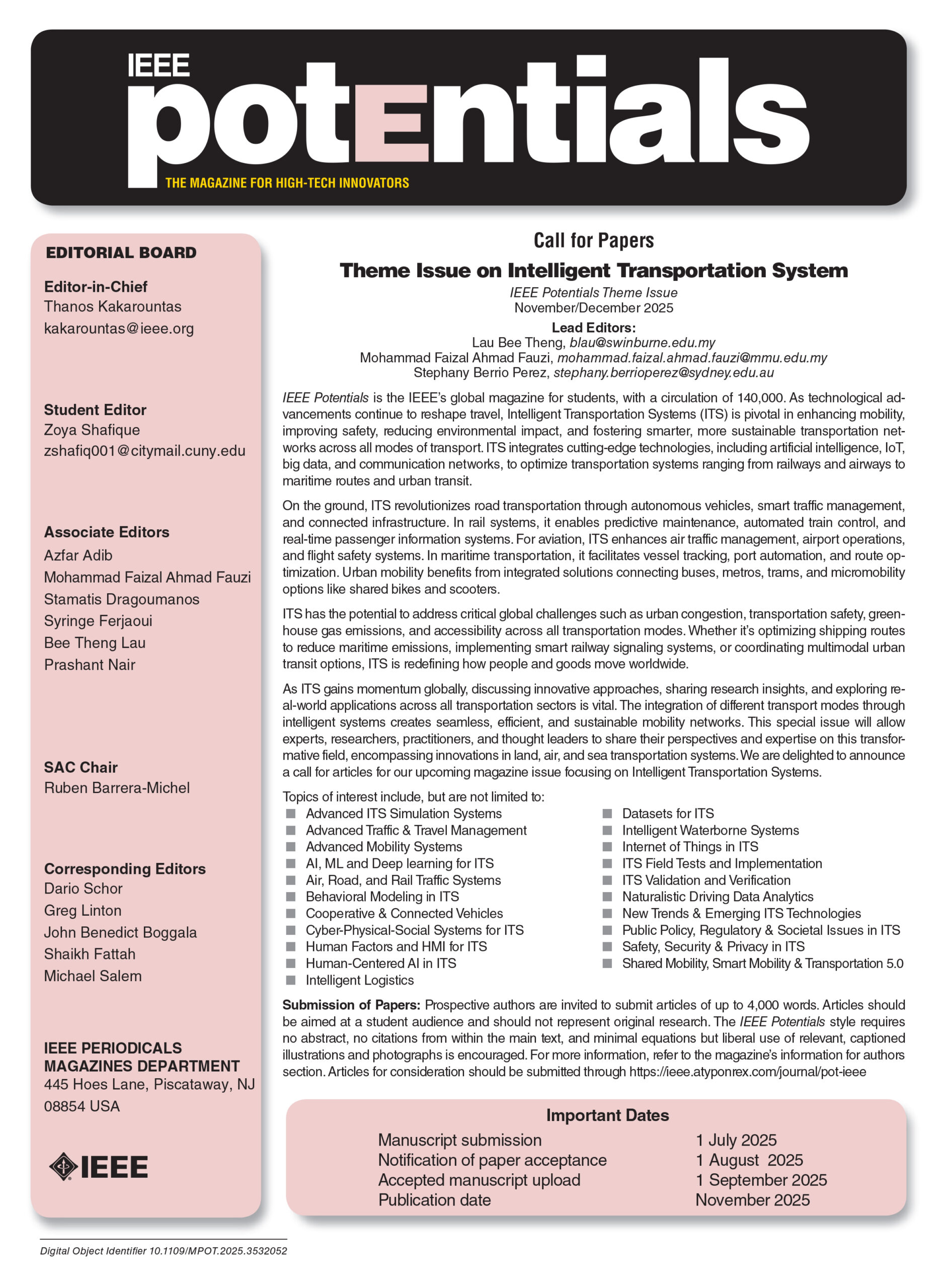 Call for Papers for Intelligent Transportation System